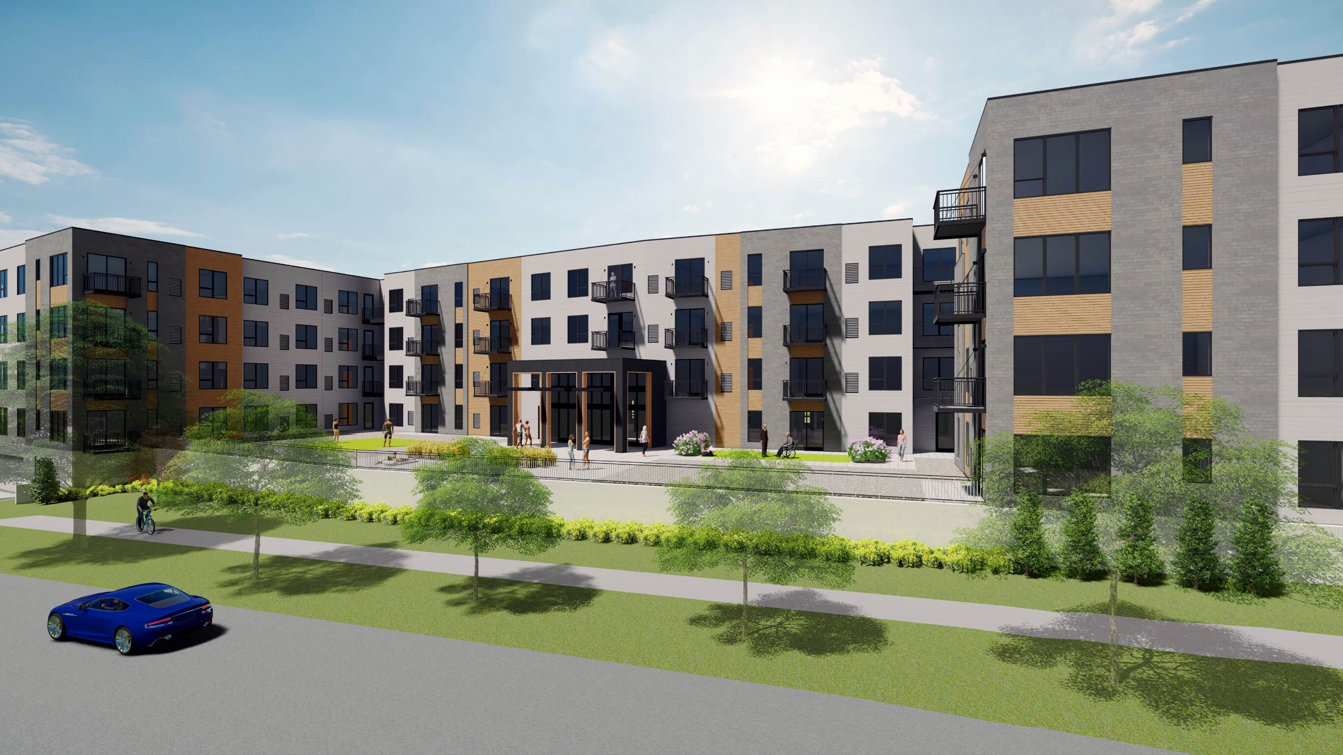 Street view rendering of The Harlan Apartments featuring modern design with balconies and landscaped greenery in Oakdale, Minnesota, near Lake Elmo.