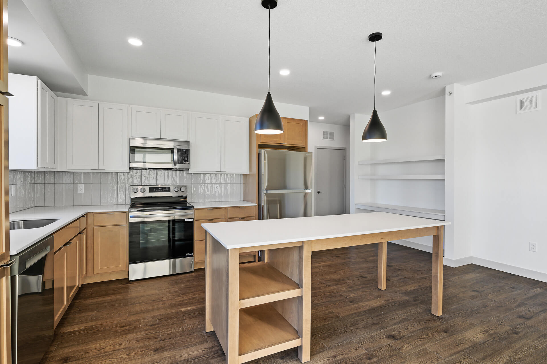 Contemporary kitchen view with large windows