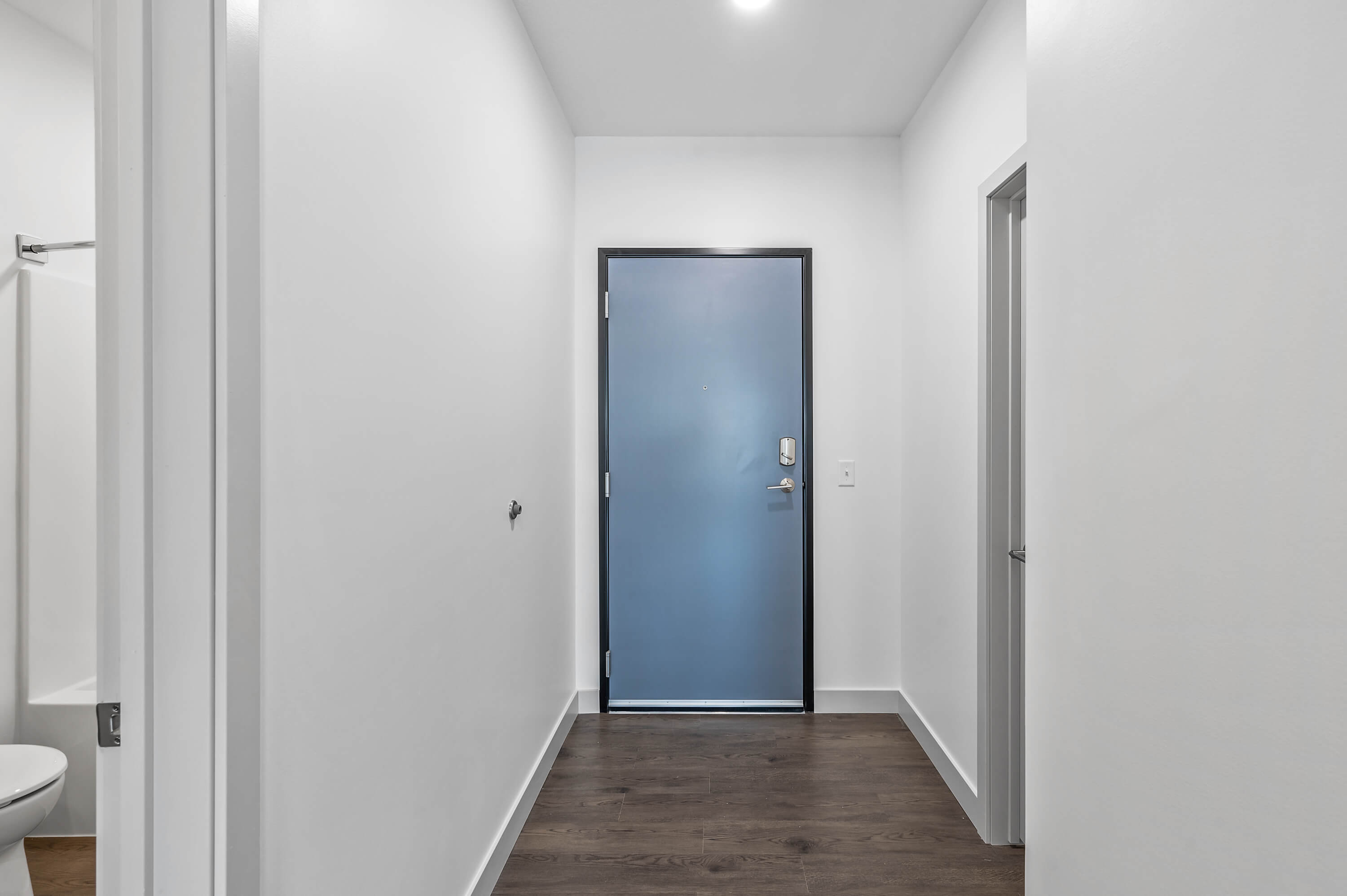 Hallway with a modern blue front door and wood flooring.