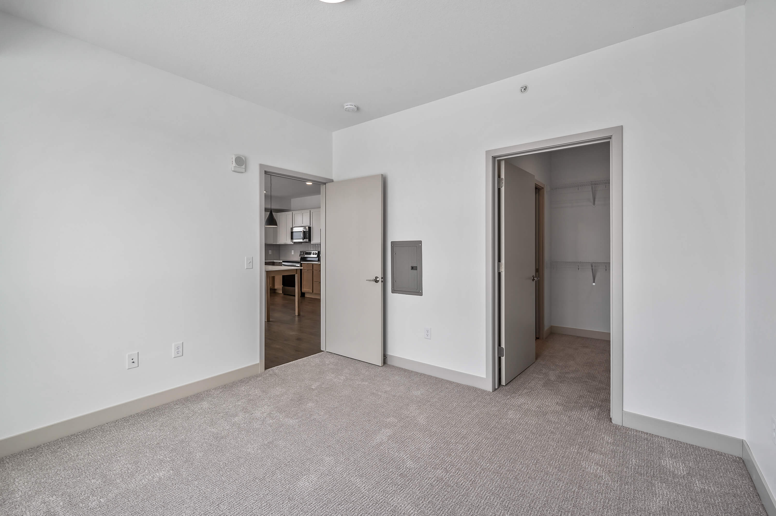 A bedroom with carpet flooring, featuring doors leading to the kitchen and a walk-in closet.