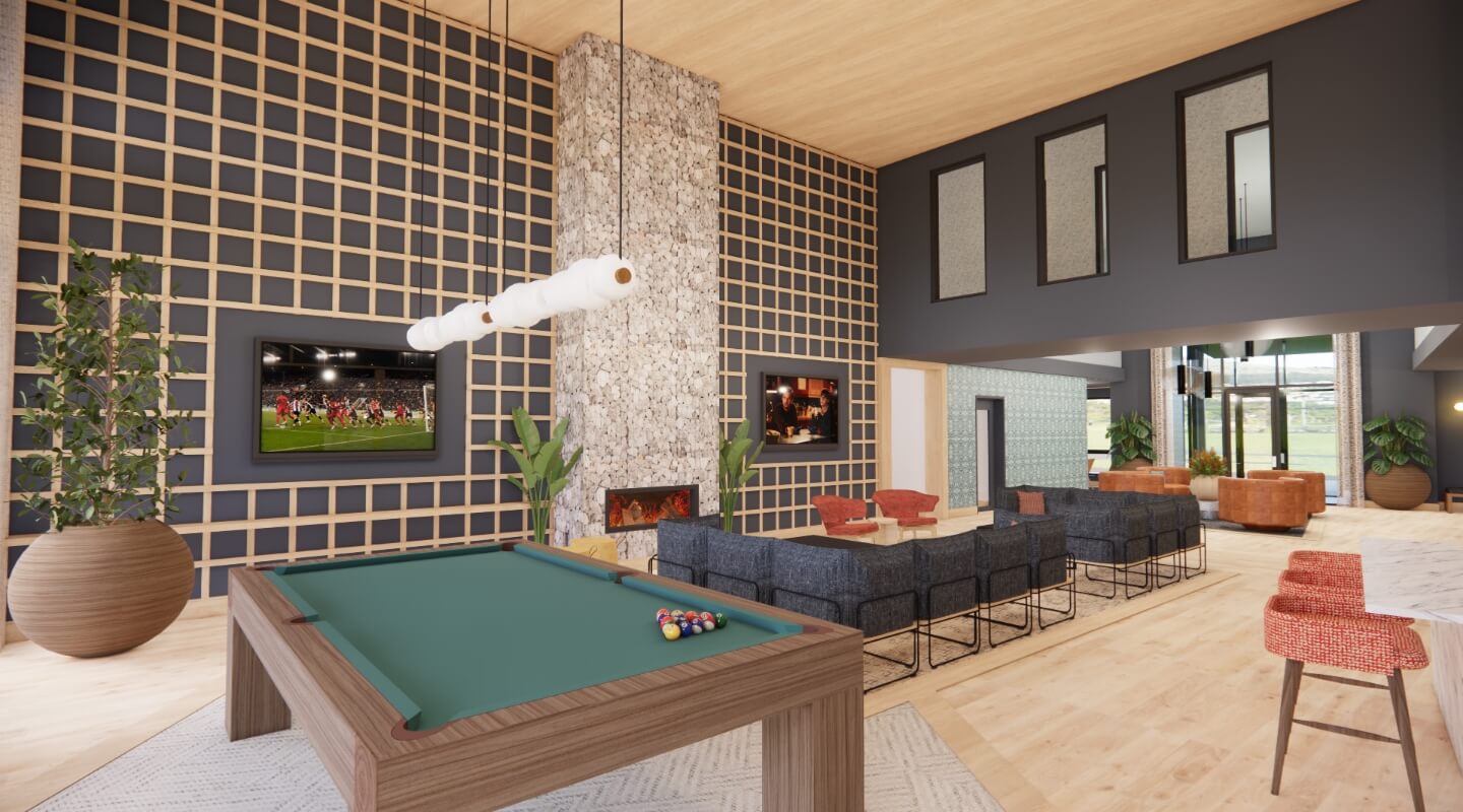 Recreational area featuring a pool table, a stone fireplace, chic seating arrangements, and multiple TVs on patterned wall.