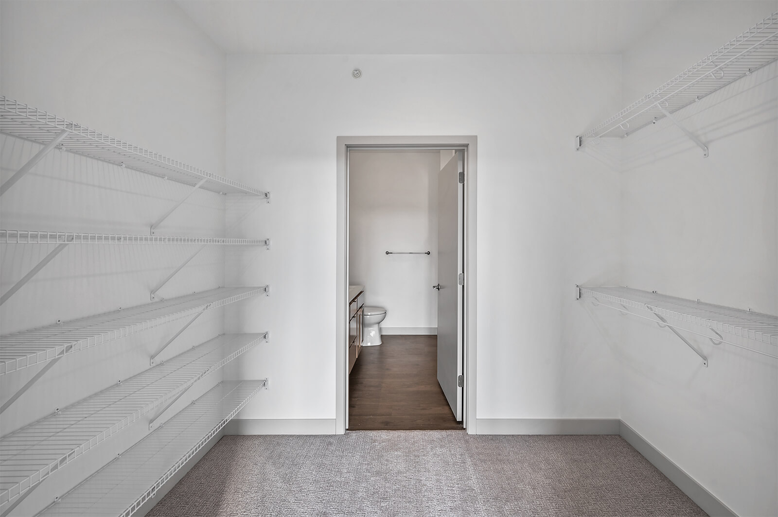 Walk-in closet with shelving and bathroom view